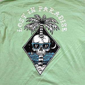RetroFit 'Life In Paradise' Tee Mens Large Skull Palm Tree 100% Cotton Green Y2K